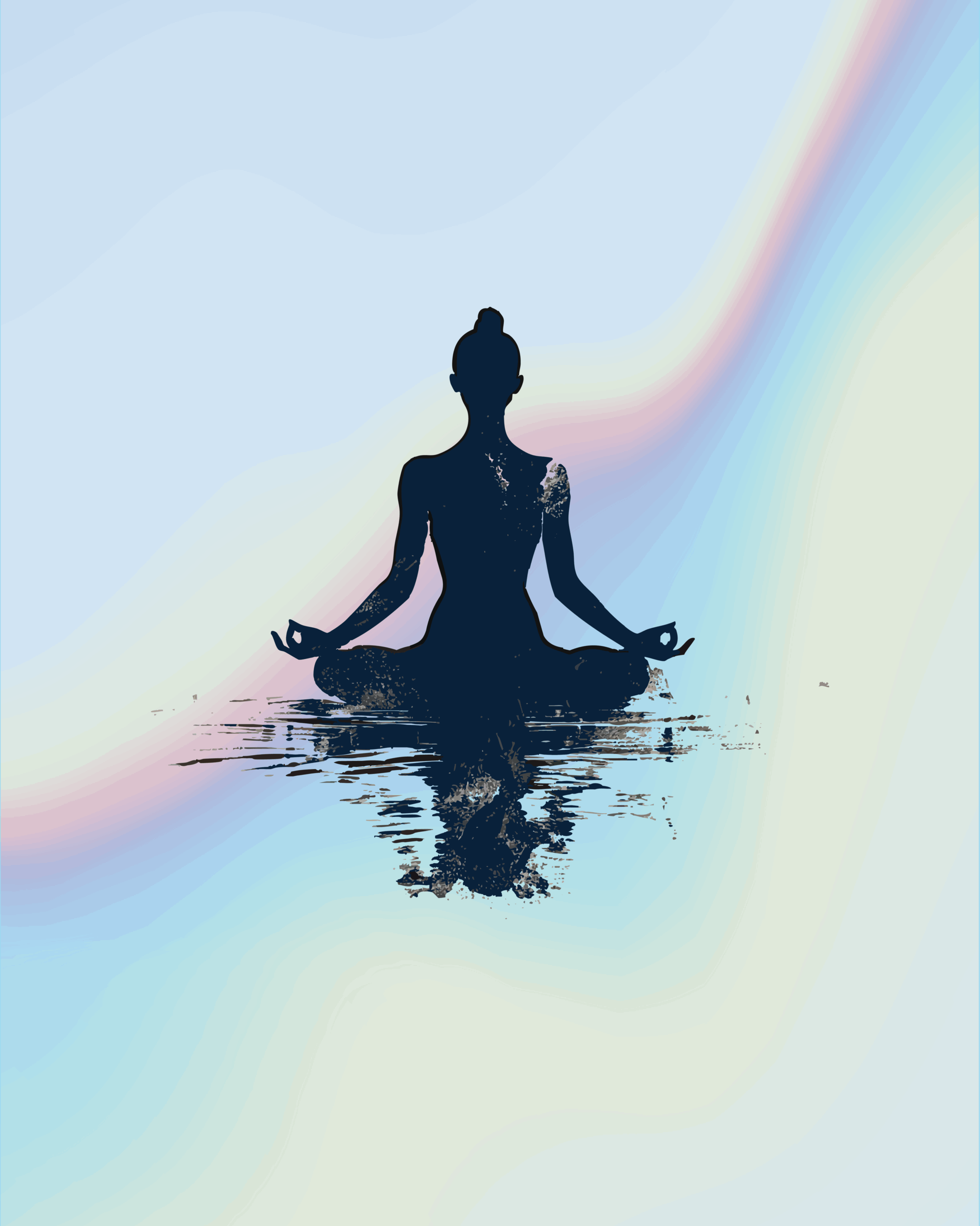 Silhouette of a person meditating in lotus position with a colorful pastel gradient background and water reflection.